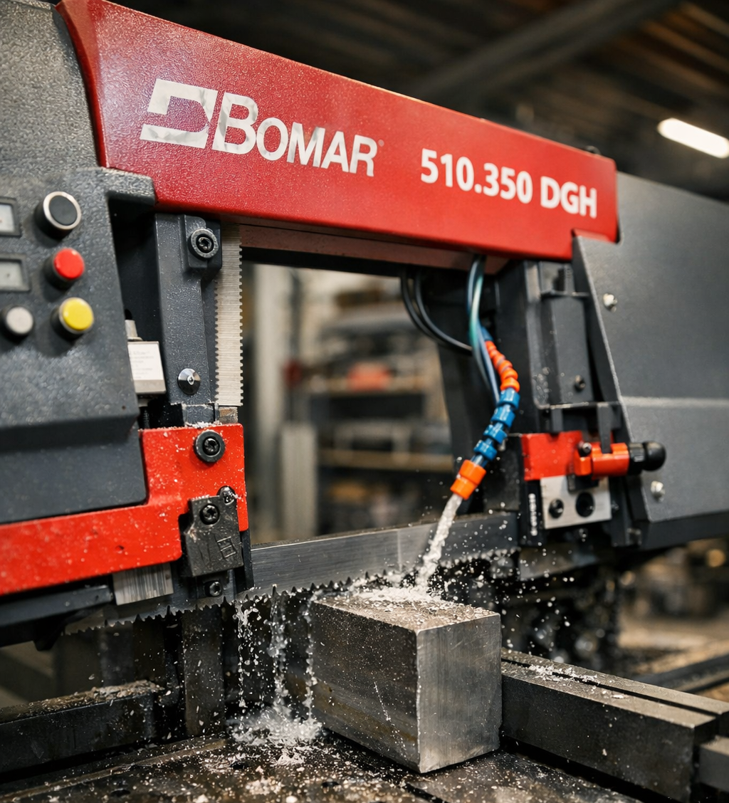 Industrial band saw cutting through steel bar