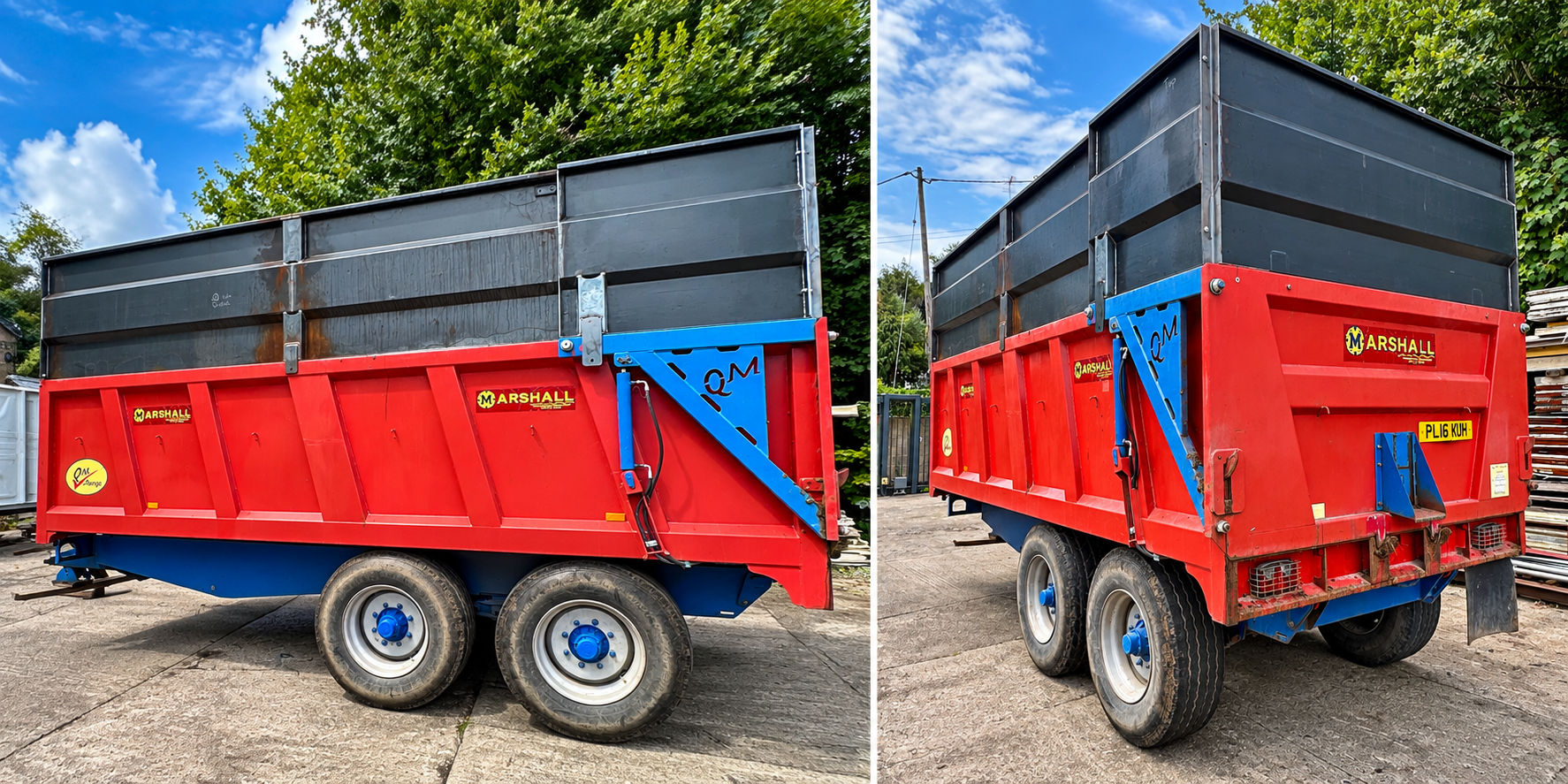 Marshall agricultural trailer with fabricated steel grain extensions, side and rear views