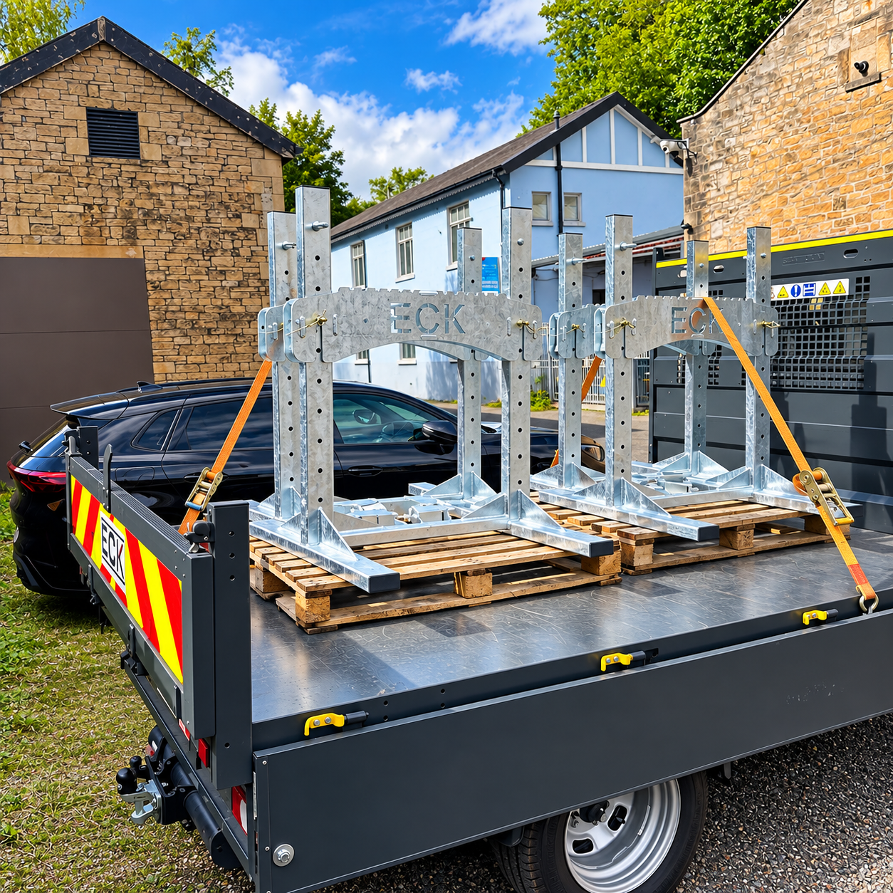 Galvanised steel ECK frames strapped to flatbed trailer ready for delivery